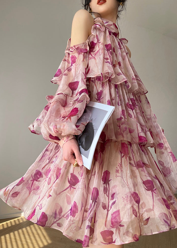 Kleid mit Rüschen, Laternenärmeln und kalten Schultern in französischem Rosa EE1005