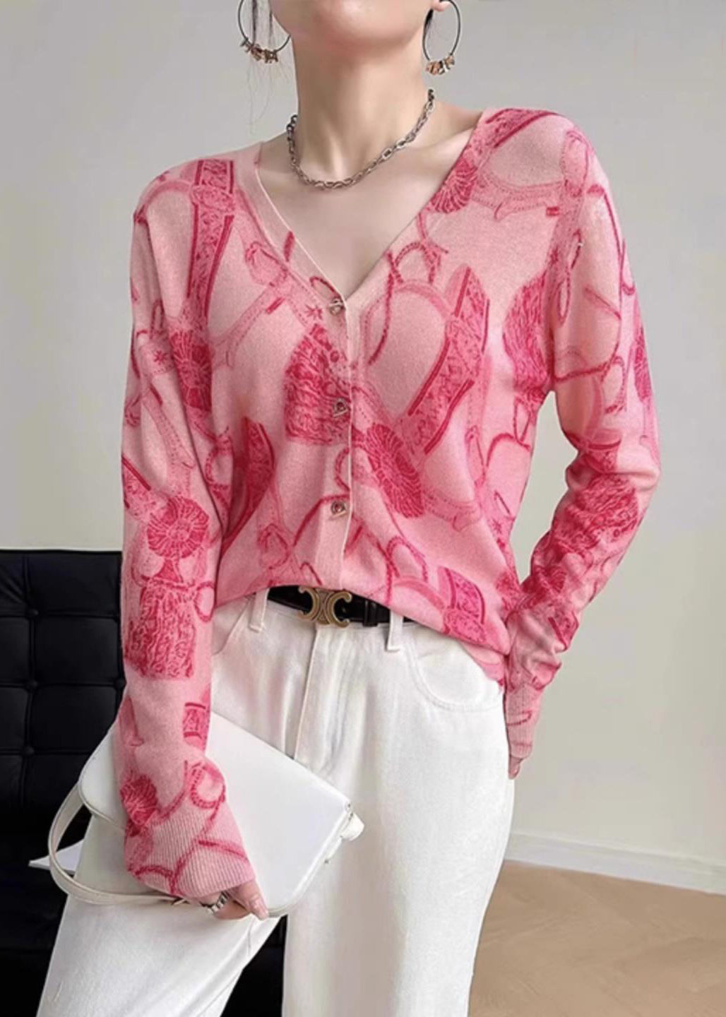 French Pink Print V Neck Button Knit Tops Long Sleeve Ada Fashion