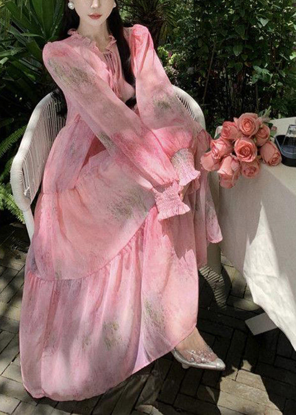 French Pink Ruffled Lace Up Patchwork Chiffon Dress Long Sleeve XX078