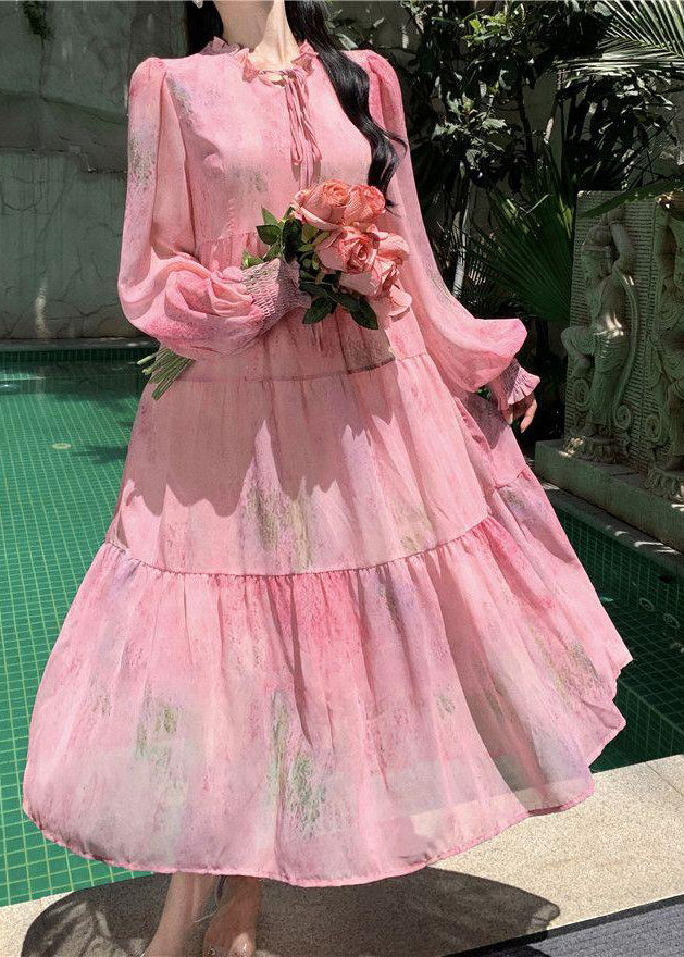 French Pink Ruffled Lace Up Patchwork Chiffon Dress Long Sleeve XX078