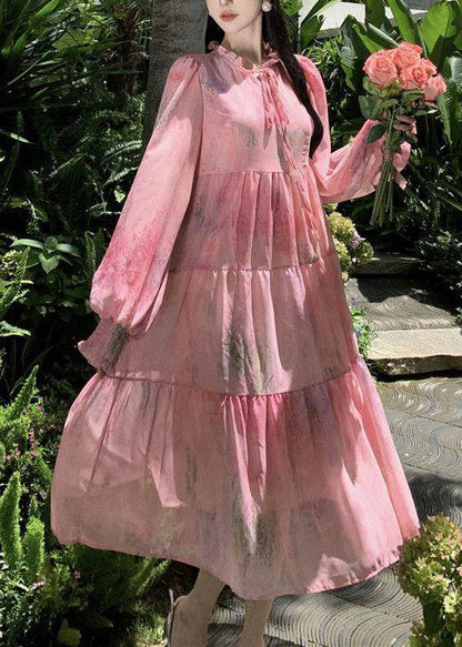 Robe en mousseline de soie patchwork à lacets et volants rose à manches longues XX078