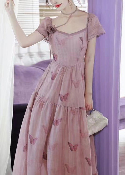 French Pink Square Collar Butterfly Print Chiffon Dress Summer XX022