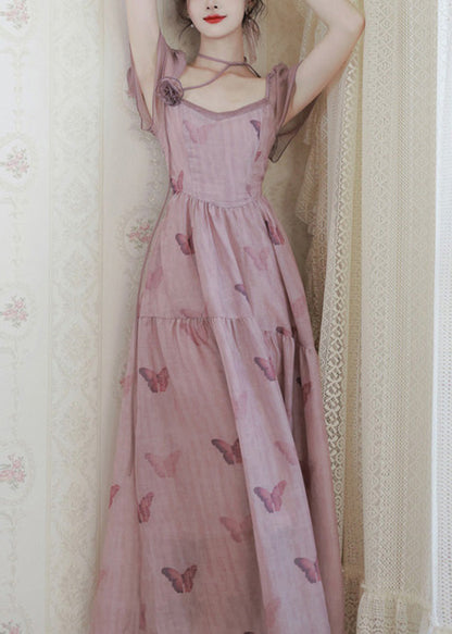 Robe en mousseline de soie rose à col carré et imprimé papillons pour l'été XX022