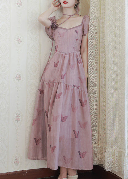 Robe en mousseline de soie rose à col carré et imprimé papillons pour l'été XX022