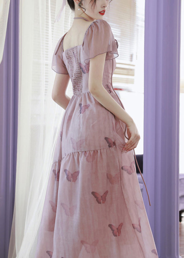 French Pink Square Collar Butterfly Print Chiffon Dress Summer XX022