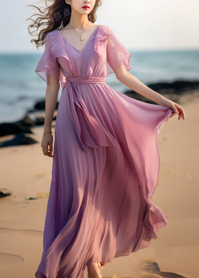 Französisches rosa Patchwork-Chiffon-Kleid mit Bindegürtel und Schmetterlingsärmeln XX057