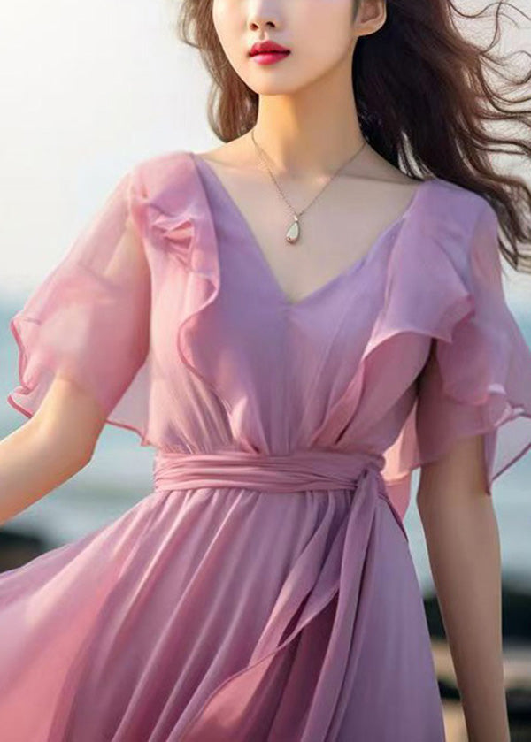 Französisches rosa Patchwork-Chiffon-Kleid mit Bindegürtel und Schmetterlingsärmeln XX057