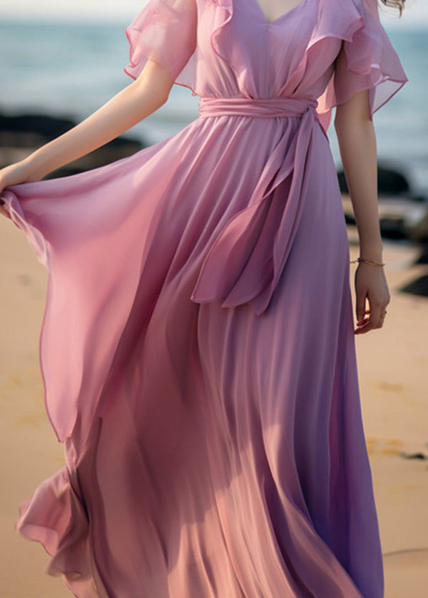 Französisches rosa Patchwork-Chiffon-Kleid mit Bindegürtel und Schmetterlingsärmeln XX057