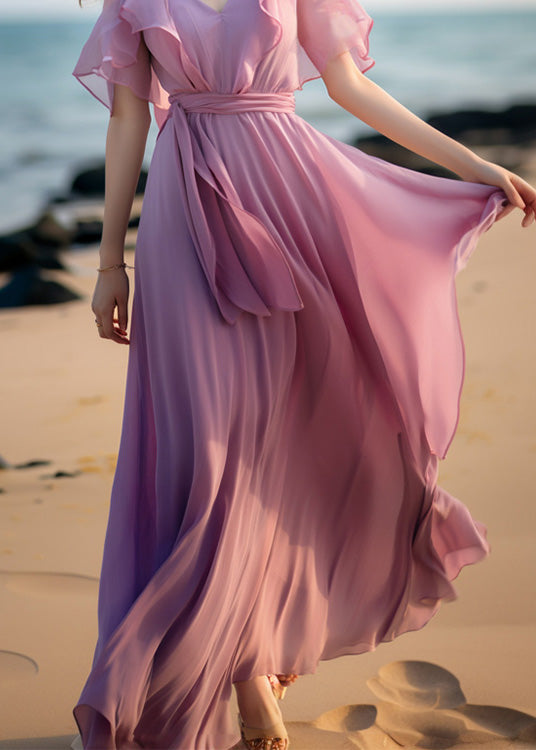 Französisches rosa Patchwork-Chiffon-Kleid mit Bindegürtel und Schmetterlingsärmeln XX057