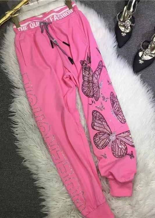 Pantalon d'automne français en coton zircon rose papillon