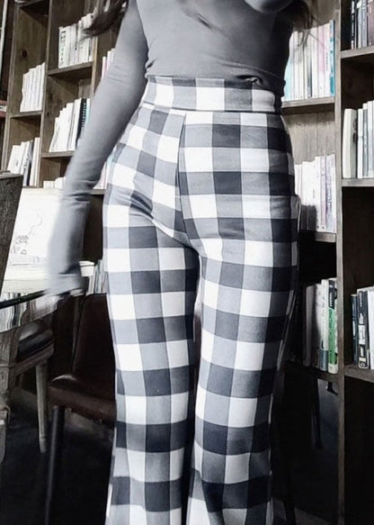 Pantalon évasé taille haute en coton à carreaux français Printemps ZL031