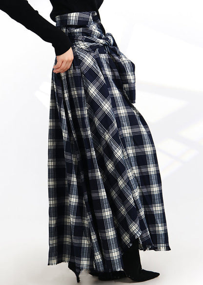 French Plaid Lace Up Button Elastic Waist Cotton Skirt Spring Ada Fashion