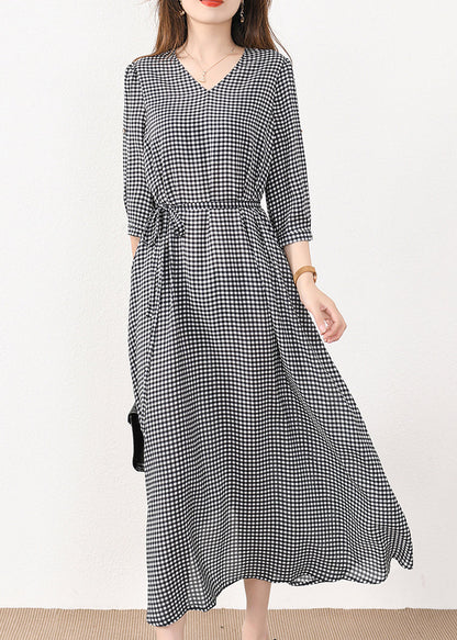 Robe longue en soie et coton à carreaux français avec poches et ceinture nouée, manches mi-longues, MN057