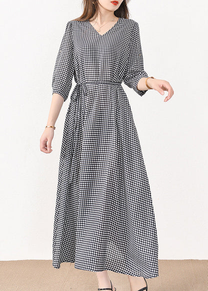 Robe longue en soie et coton à carreaux français avec poches et ceinture nouée, manches mi-longues, MN057