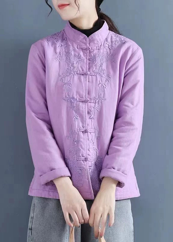 French Purple Embroidered Button Cotton Filled Coat Winter QG039