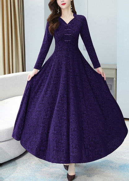 Robe longue en coton à ourlet extra large en jacquard violet français Automne OO044