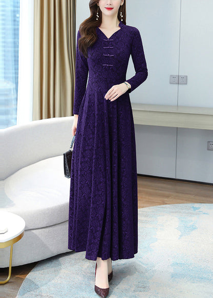 Robe longue en coton à ourlet extra large en jacquard violet français Automne OO044