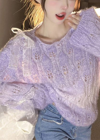 Französisch Lila O Neck Bogen Ma Hai Mao Gestrickte Pullover Herbst RL014