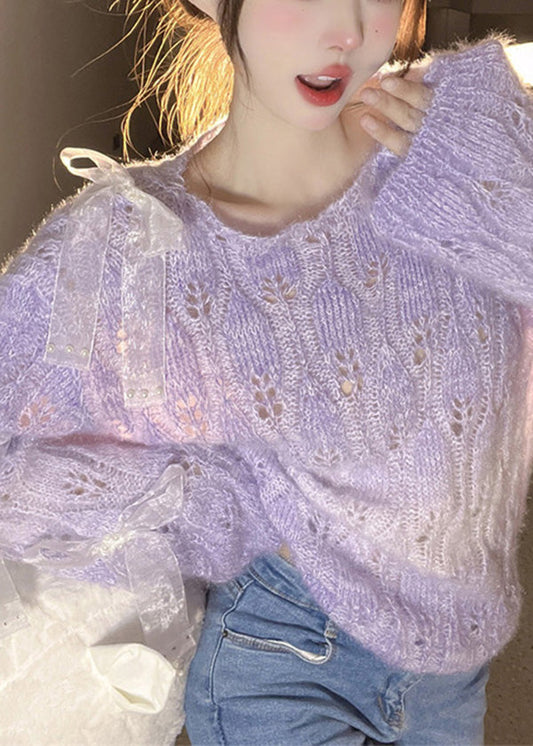 Französisch Lila O Neck Bogen Ma Hai Mao Gestrickte Pullover Herbst RL014