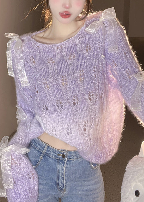 Französisch Lila O Neck Bogen Ma Hai Mao Gestrickte Pullover Herbst RL014