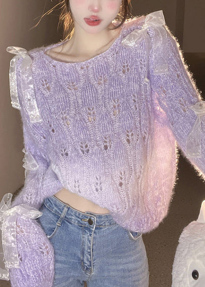 Französisch Lila O Neck Bogen Ma Hai Mao Gestrickte Pullover Herbst RL014