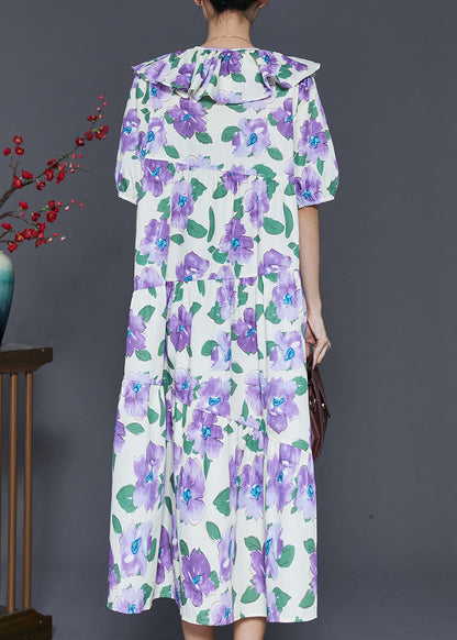 Robe longue en coton fleuri violet à col Peter Pan pour l'été SD1030