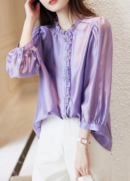 French Purple Ruffled Button Chiffon Shirts Long Sleeve Ada Fashion