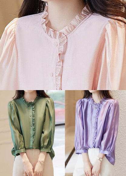 French Purple Ruffled Button Chiffon Shirts Long Sleeve Ada Fashion