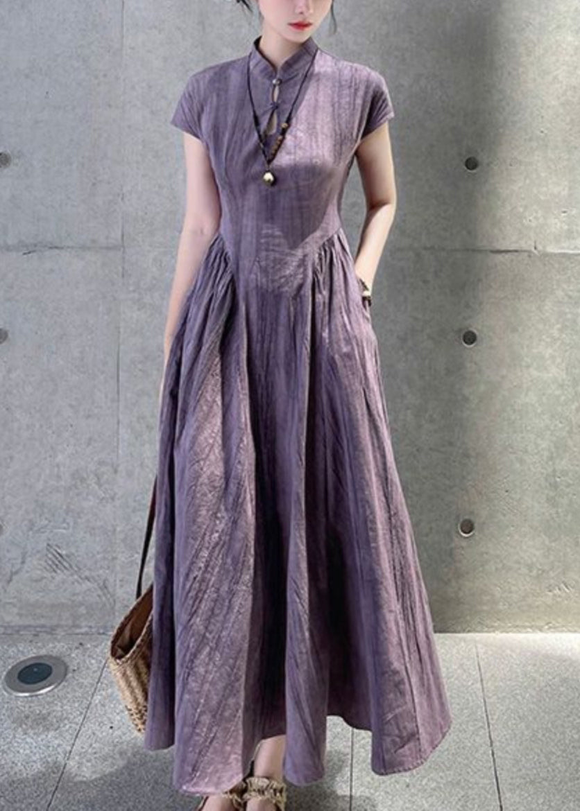 French Purple Stand Collar Pockets Linen Dress Summer QE024