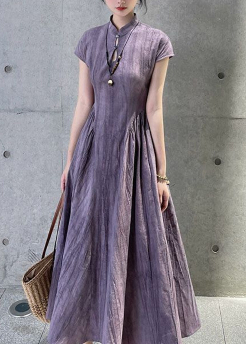 French Purple Stand Collar Pockets Linen Dress Summer QE024