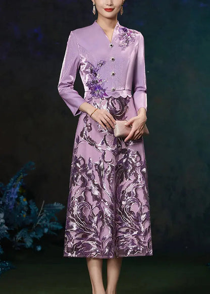 French Purple V Neck Embroidered Patchwork Silk Long Dresses Fall Ada Fashion