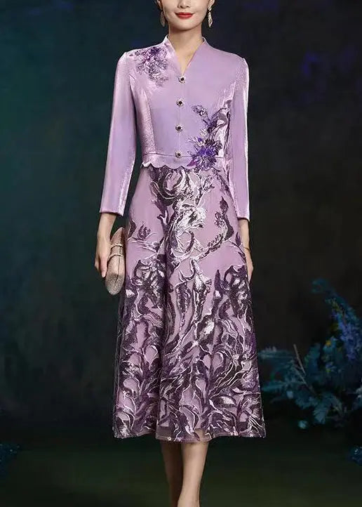 French Purple V Neck Embroidered Patchwork Silk Long Dresses Fall Ada Fashion