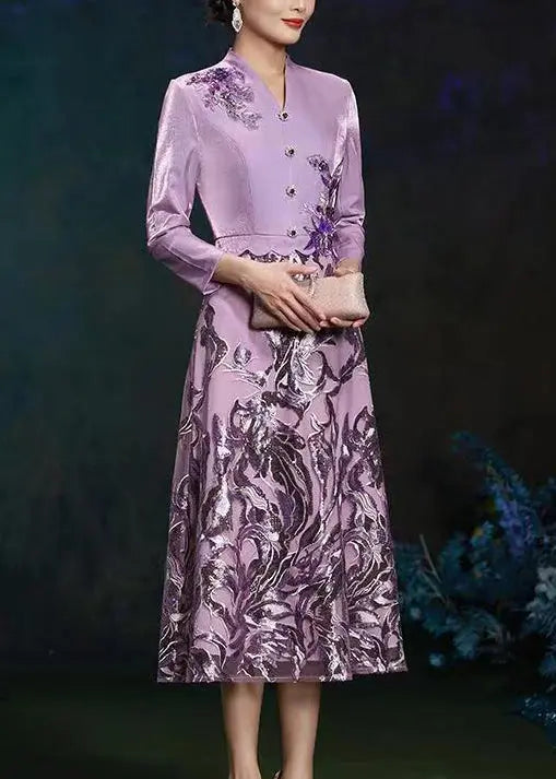 French Purple V Neck Embroidered Patchwork Silk Long Dresses Fall Ada Fashion