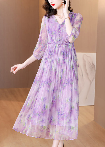 Robe en soie imprimée à volants et col en V violet français Été BB020