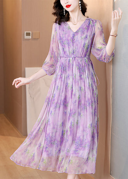 Robe en soie imprimée à volants et col en V violet français Été BB020