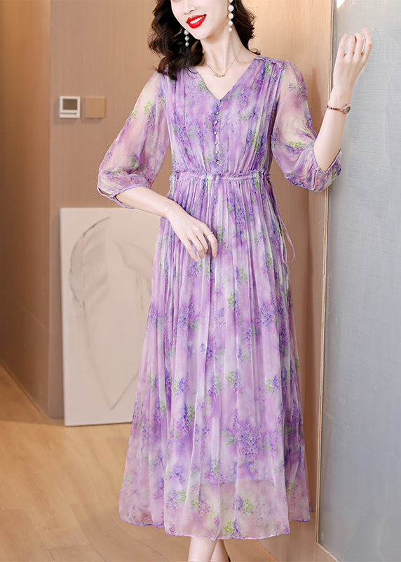 French Purple V Neck Ruffled Print Silk Dresses Summer BB020