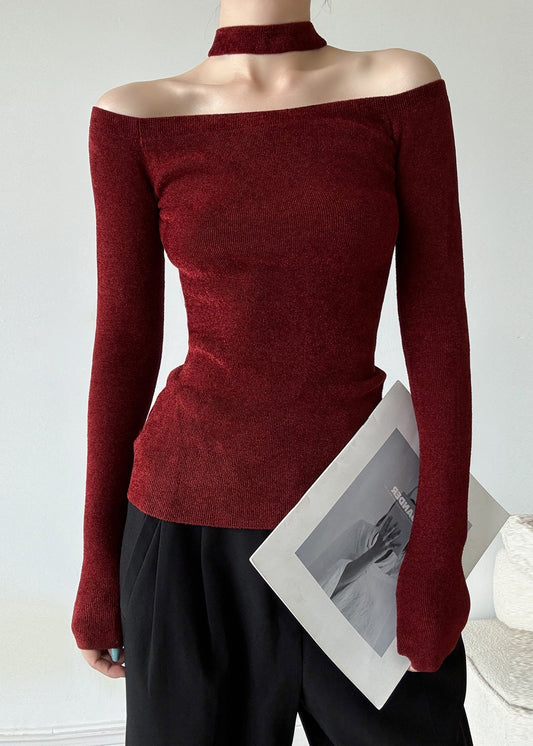 Pull en tricot rouge français à épaules dénudées et dos nu, printemps TY031