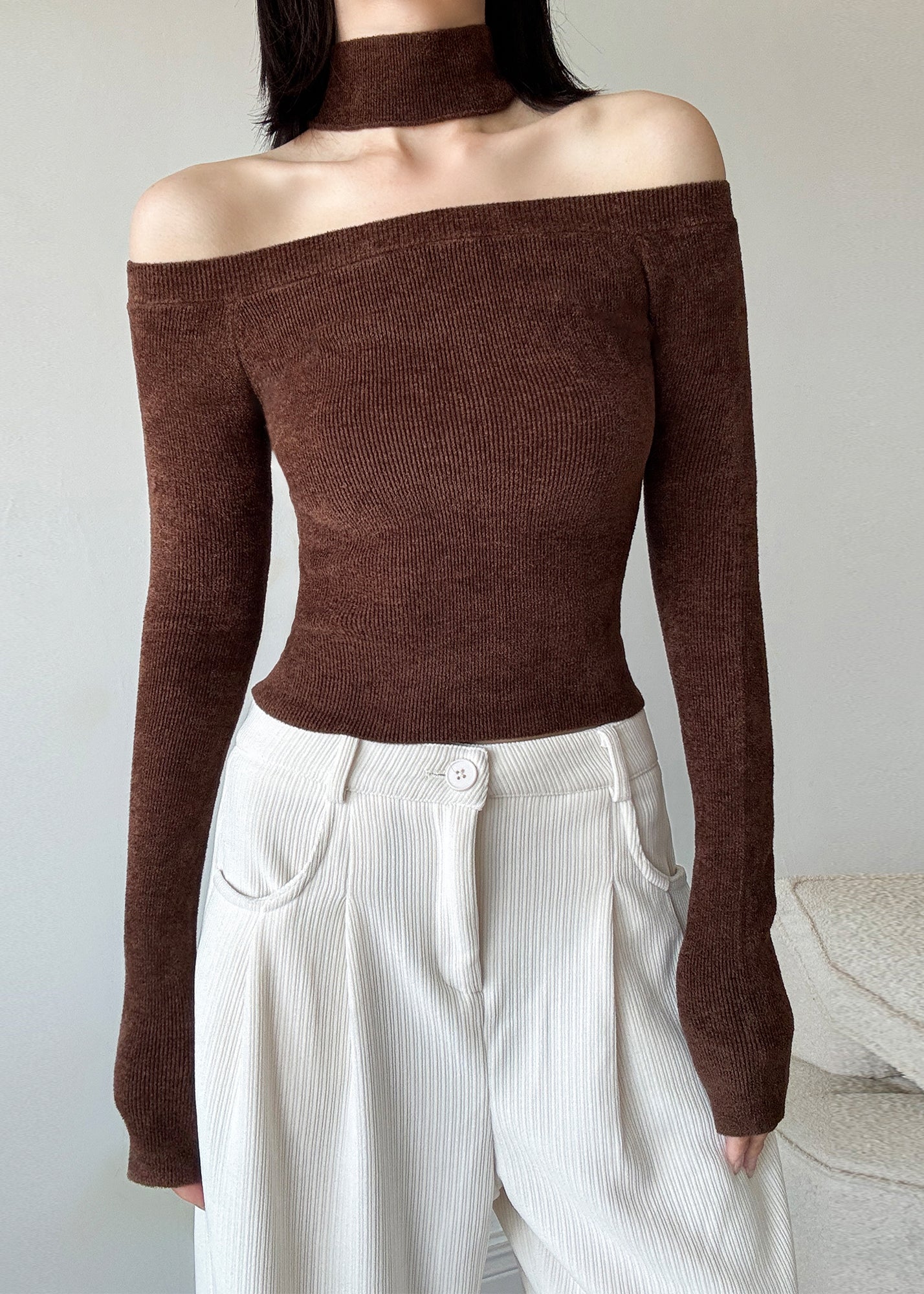 Pull en tricot rouge français à épaules dénudées et dos nu, printemps TY031