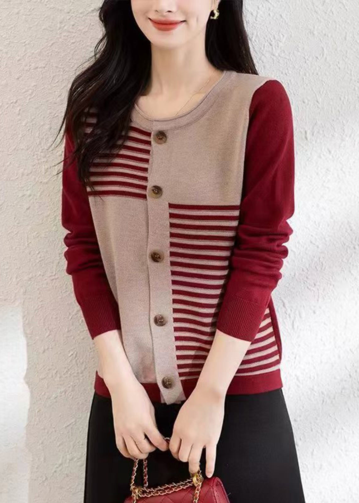 French Red O Neck Button Patchwork Knit Cardigans Fall QI005