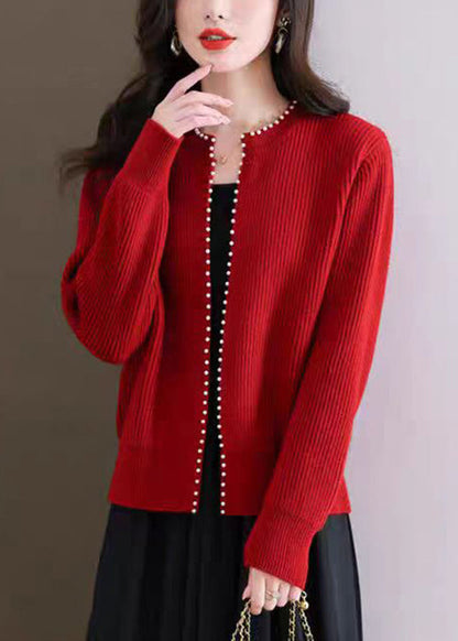 Cardigans en tricot à col rond et perles rouges françaises Automne QI007