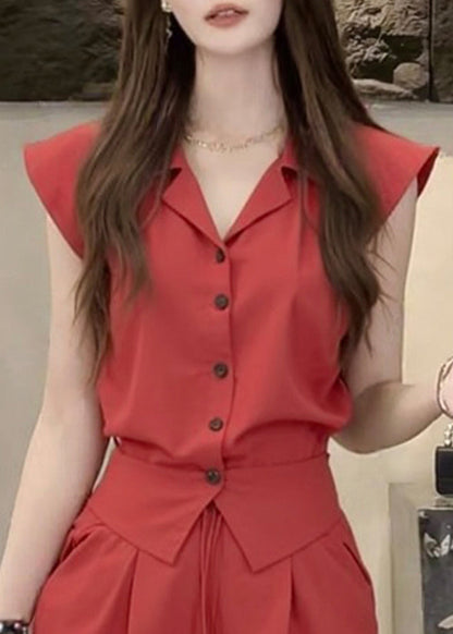 Button Red Pan Two-Piece Summer Peter Set Collar Cotton French