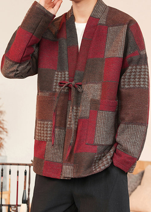 French Red Plaid Lace Up Woolen Mens Coats Winter RO030