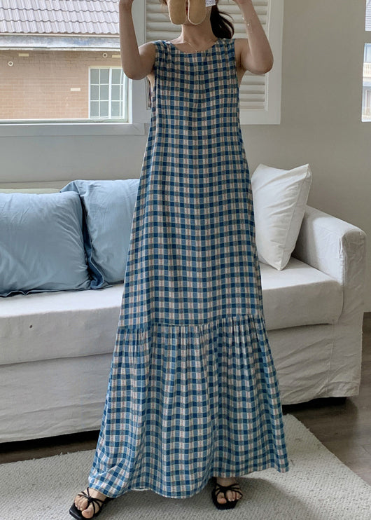 Kleid Falten Ärmellos Baumwolle Plaid Französisch Maxi Rot