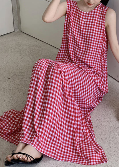 Kleid Falten Ärmellos Baumwolle Plaid Französisch Maxi Rot