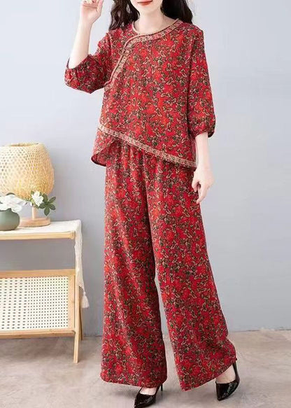 Ensemble deux pièces en coton avec haut et pantalon à imprimé rouge français et manches mi-longues AU1053