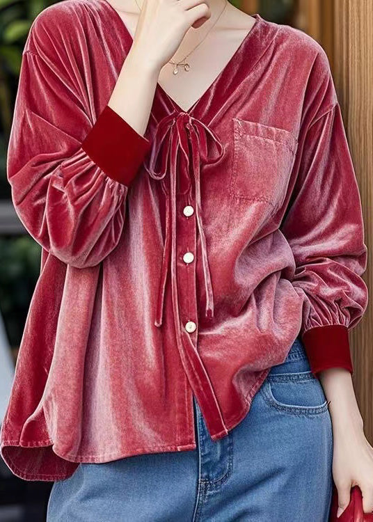 French Red V Neck Lace Up Button Velour Shirt Top Fall WP044