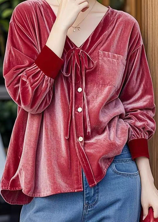 French Red V Neck Lace Up Button Velour Shirt Top Fall WP044