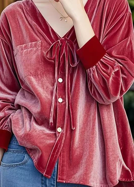 French Red V Neck Lace Up Button Velour Shirt Top Fall WP044