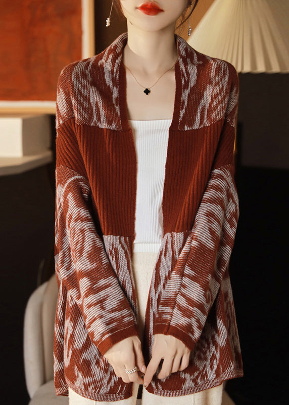 French Red V Neck Patchwork Wool Knit Cardigans Long Sleeve Ada Fashion