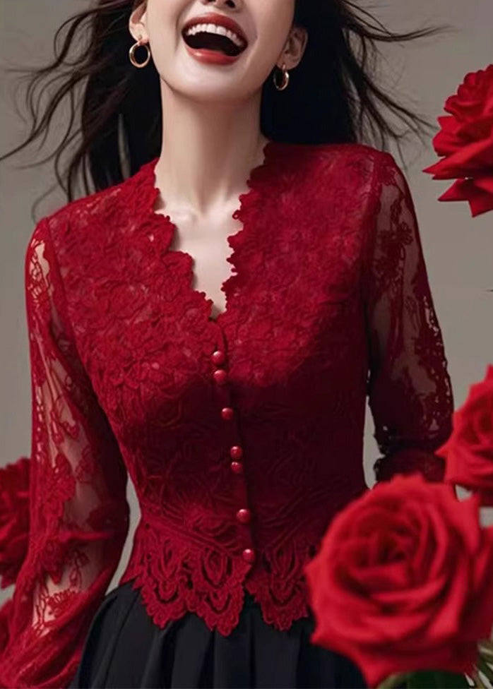 Fit Frühling Hals Tops Spitze Shirt Slim V Rot Französisch